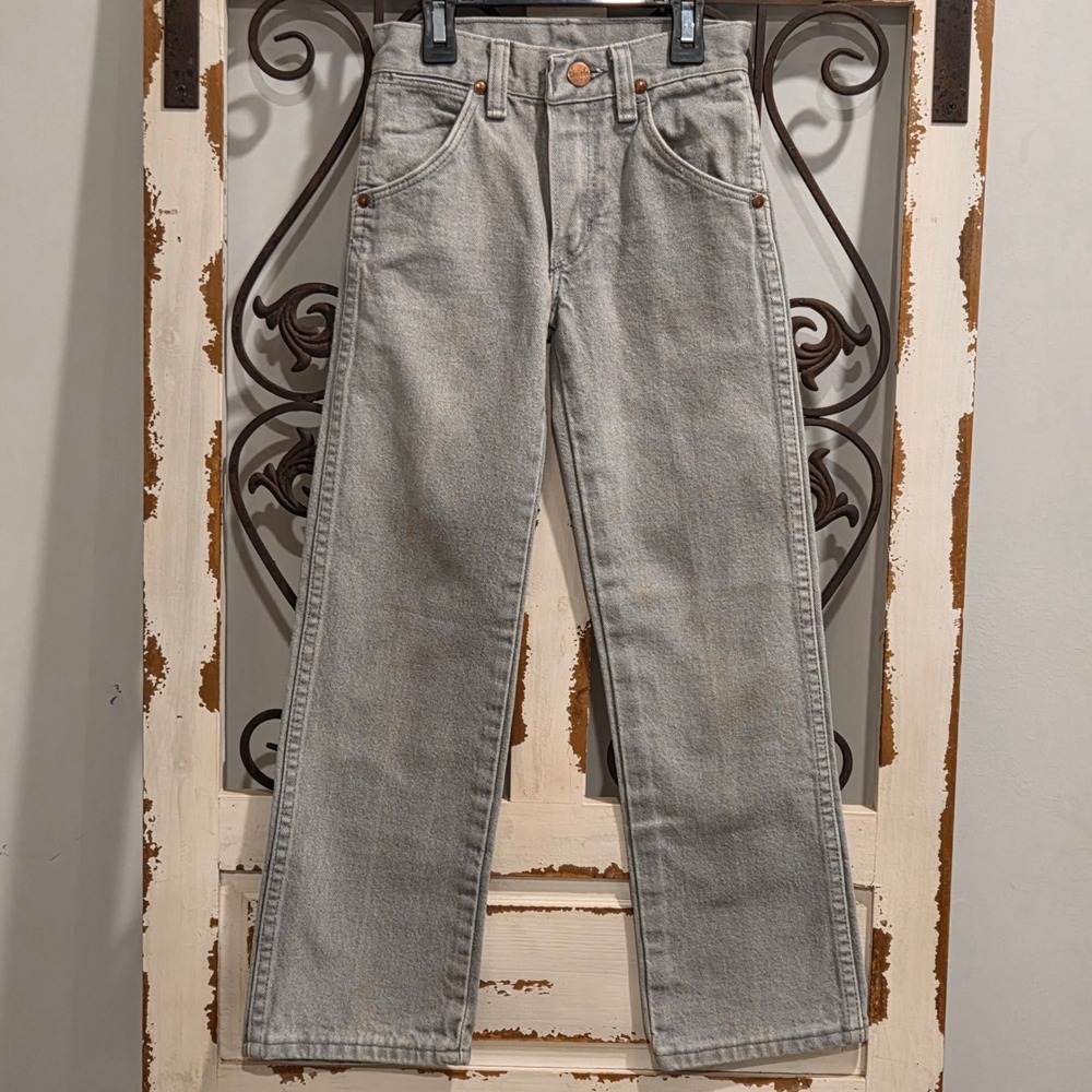 Vtg USA Made Wrangler Jeans Boys Size 8 Slim Bleach Grey Denim Western Cowboy